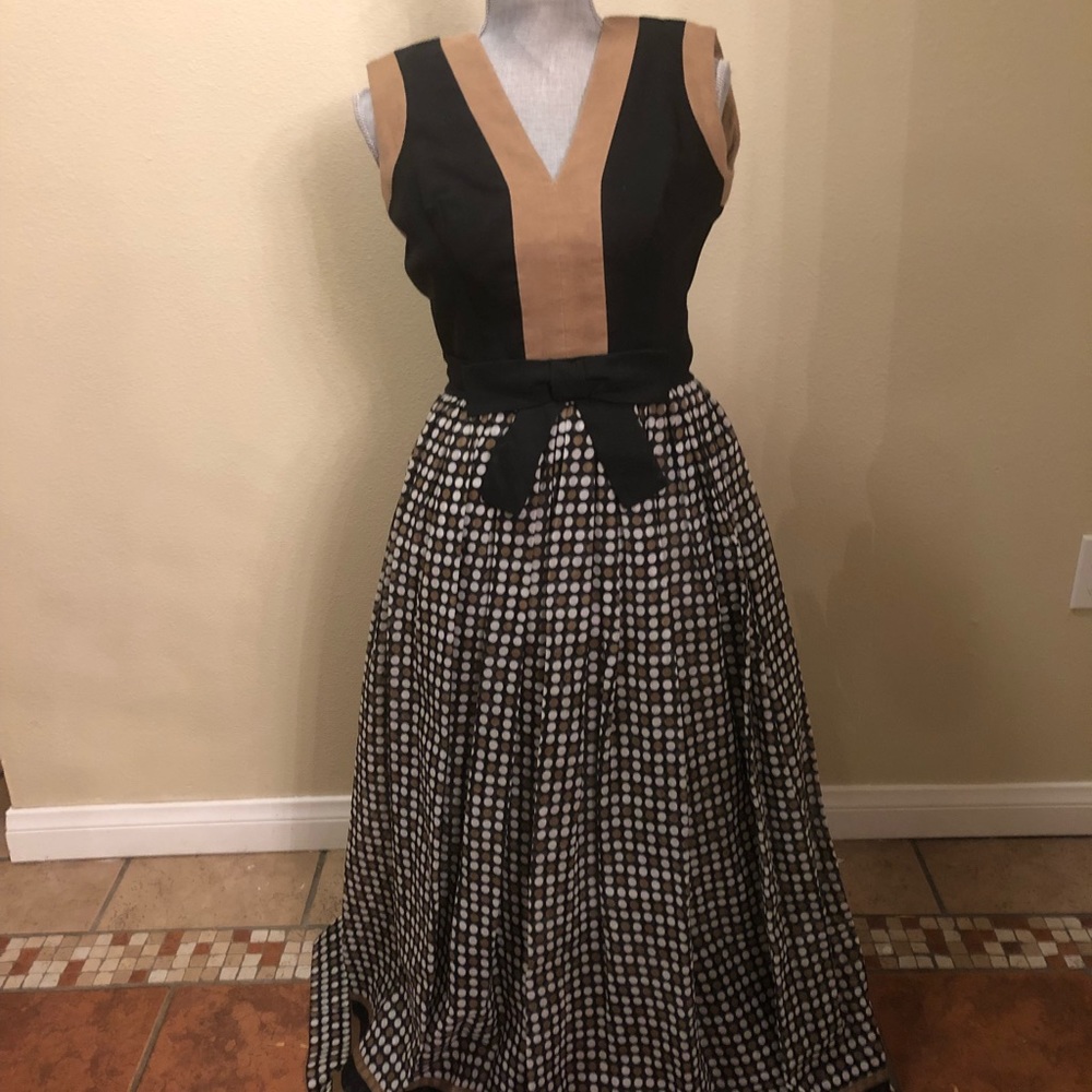 Vintage Polka Dot 1960s Maxi Bow Mod Dress XS tan black party fancy poof
